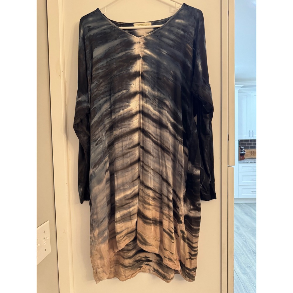 River Sky Womens Tie Dye V-Neck Tunic dress Long Sleeve Pockets Blue Grey Tan L